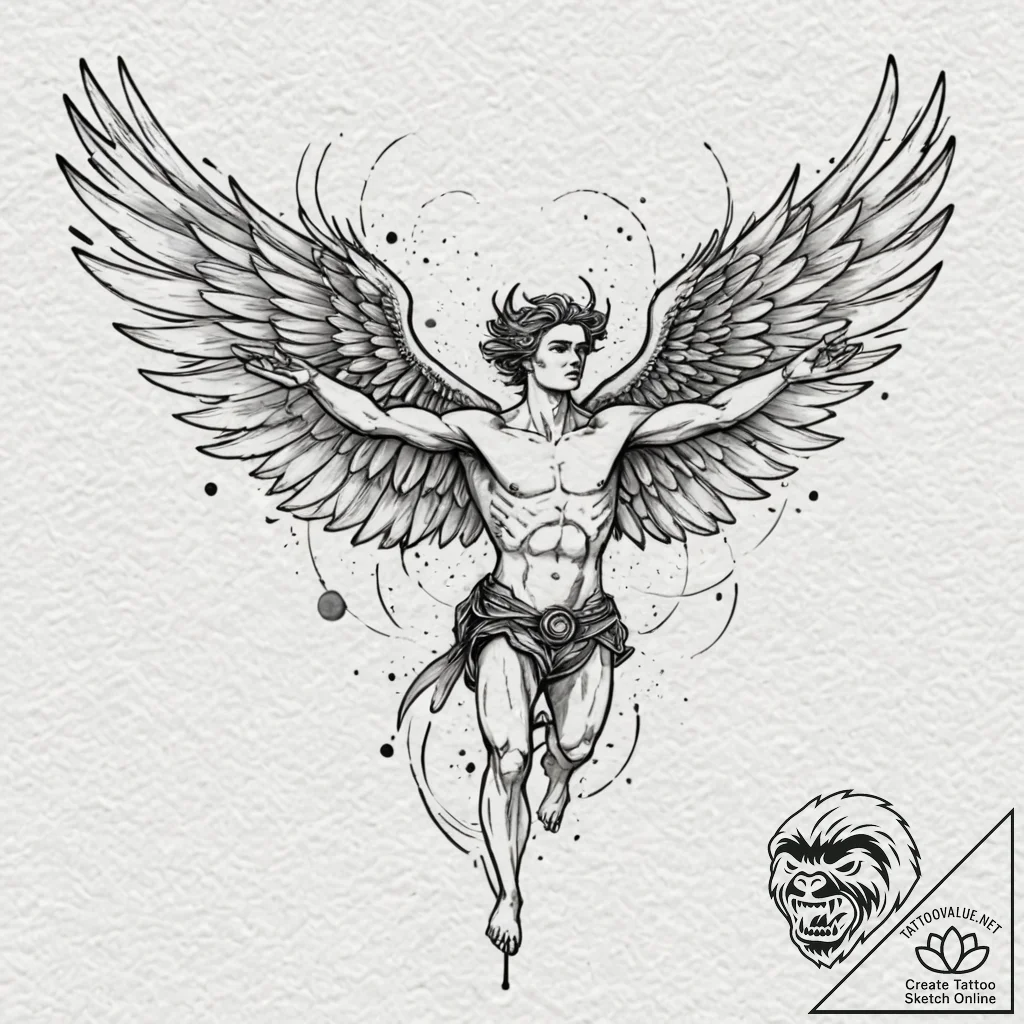 Icarus with mechanical wings, tattoo drawing... - tattoo sketch (№1751155569_0, 29.06.2025 00:06) — tattoovalue.net