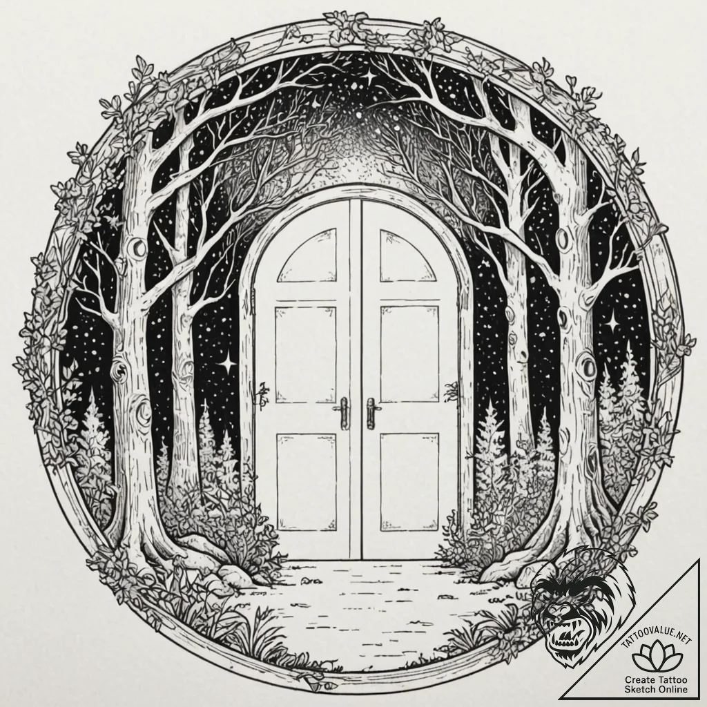 An open door in the middle of a forest leadin... - tattoo sketch (№1751157173_0, 29.06.2025 00:32) — tattoovalue.net