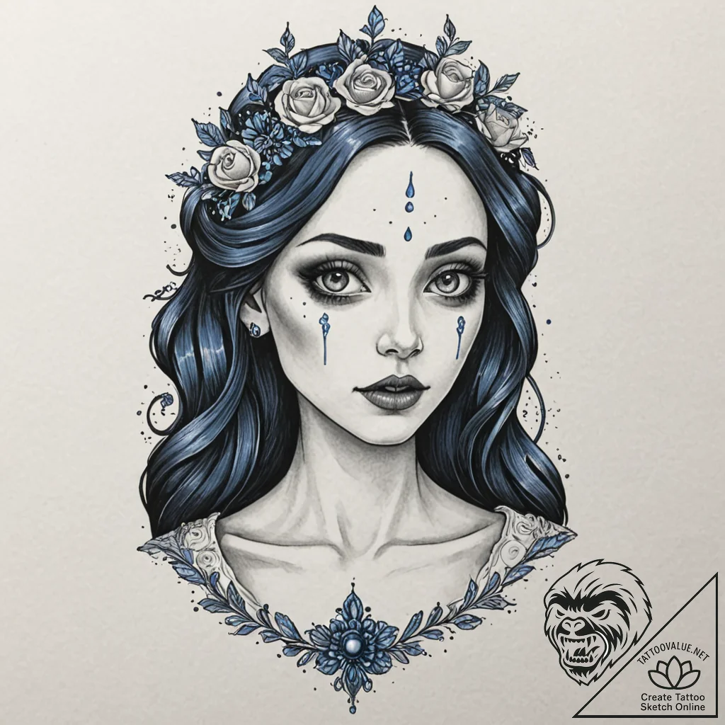 A neo-traditional tattoo of the corpse bride,... - tattoo sketch (№1751158240_0, 29.06.2025 00:50) — tattoovalue.net