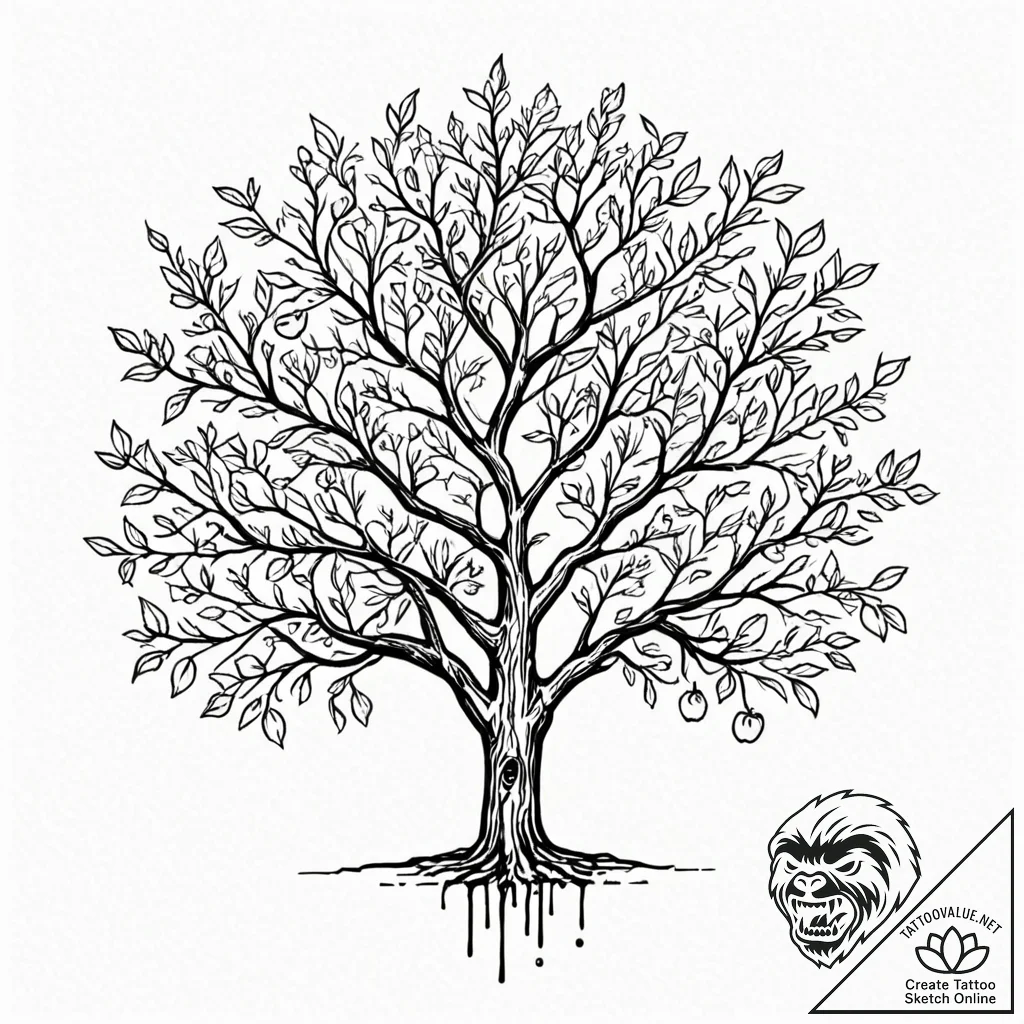 Apple tree, ink illustration for tattoo, new... - tattoo sketch (№1751158343_0, 29.06.2025 00:52) — tattoovalue.net