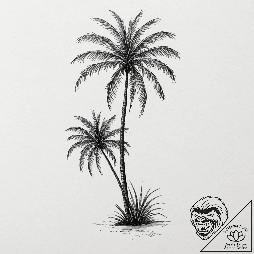 Palm tree, tattoo line art, studio lighting p... - tattoo sketch (№1751158881_0, 29.06.2025 01:01) — tattoovalue.net