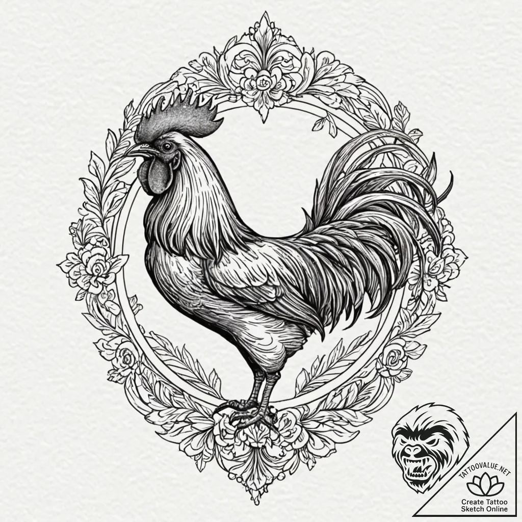 Rooster, tattoo sketch design, fine lines, de... - tattoo sketch (№1751159756_0, 29.06.2025 01:15) — tattoovalue.net