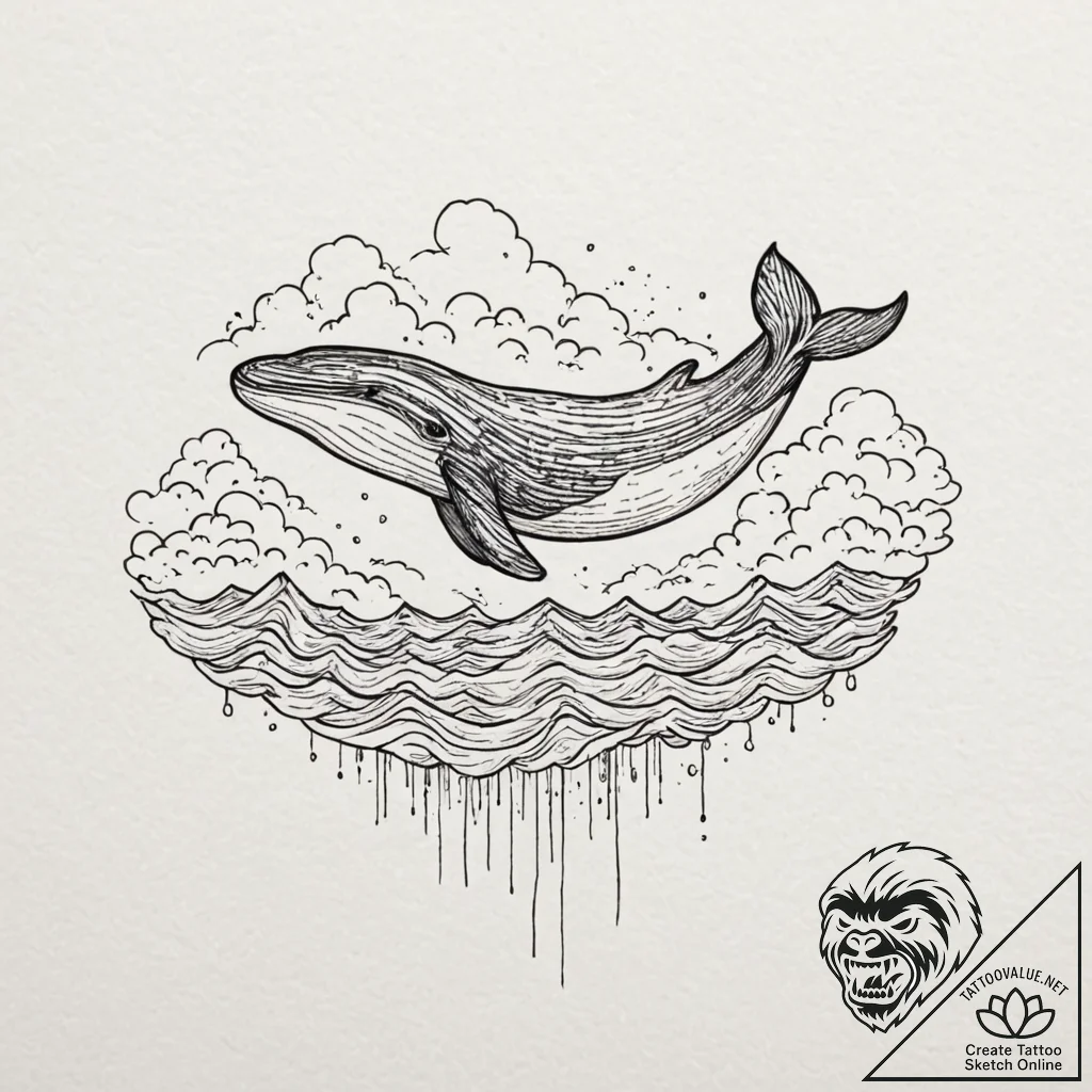 A whale swimming through clouds, tattoo drawi... - tattoo sketch (№1751161268_0, 29.06.2025 01:41) — tattoovalue.net