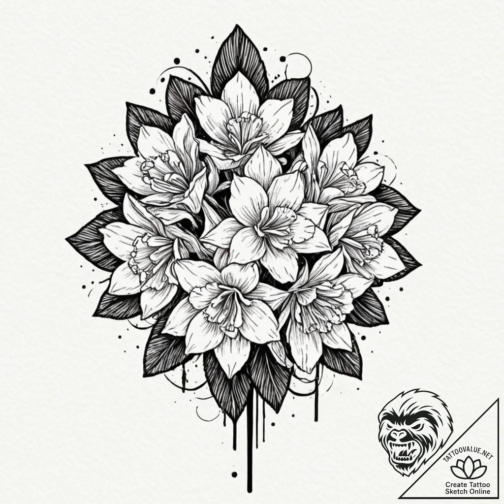 Narcissus, artistic tattoo sketch, bold outli... - tattoo sketch (№1751162012_0, 29.06.2025 01:53) — tattoovalue.net