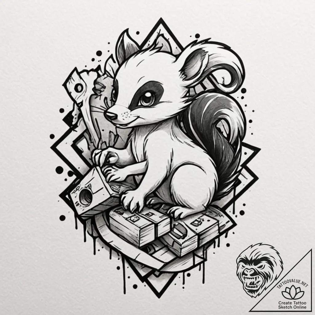 Skunk, concept art for tattoo, bold outlines,... - tattoo sketch (№1751163018_0, 29.06.2025 02:10) — tattoovalue.net