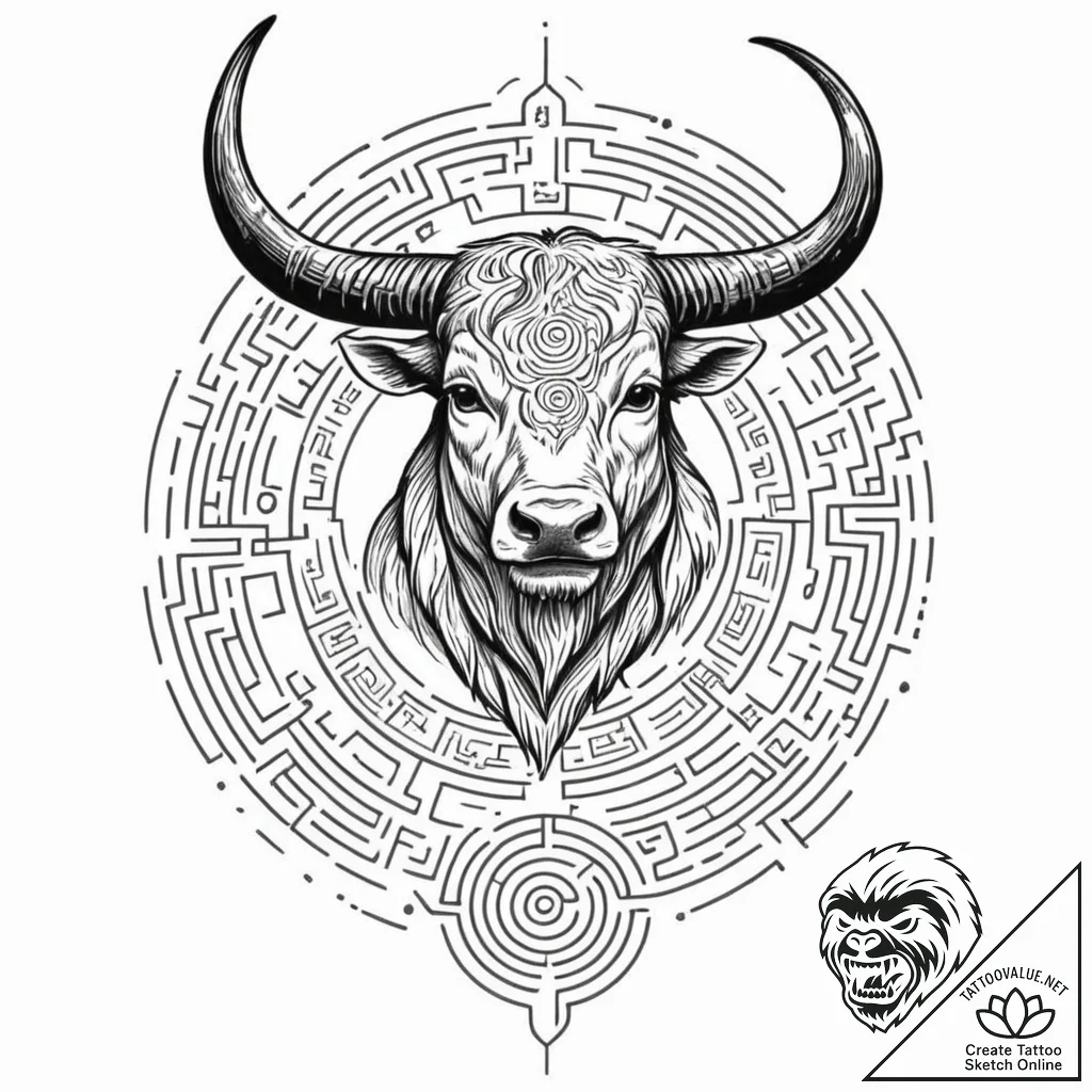 Minotaur in a labyrinth (the scene), tattoo l... - tattoo sketch (№1751163822_0, 29.06.2025 02:23) — tattoovalue.net