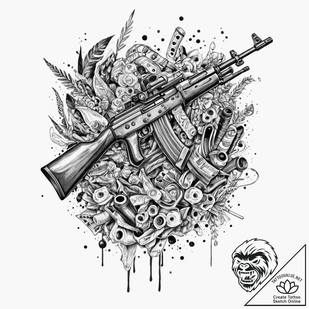 Ak-47 machine gun, tattoo flash sheet design,... - tattoo sketch (№1751165602_0, 29.06.2025 02:53) — tattoovalue.net