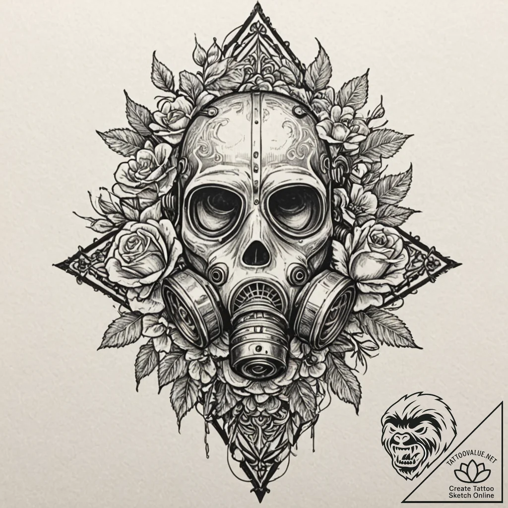 Gas mask with flowers growing through the fil... - tattoo sketch (№1751165936_0, 29.06.2025 02:58) — tattoovalue.net