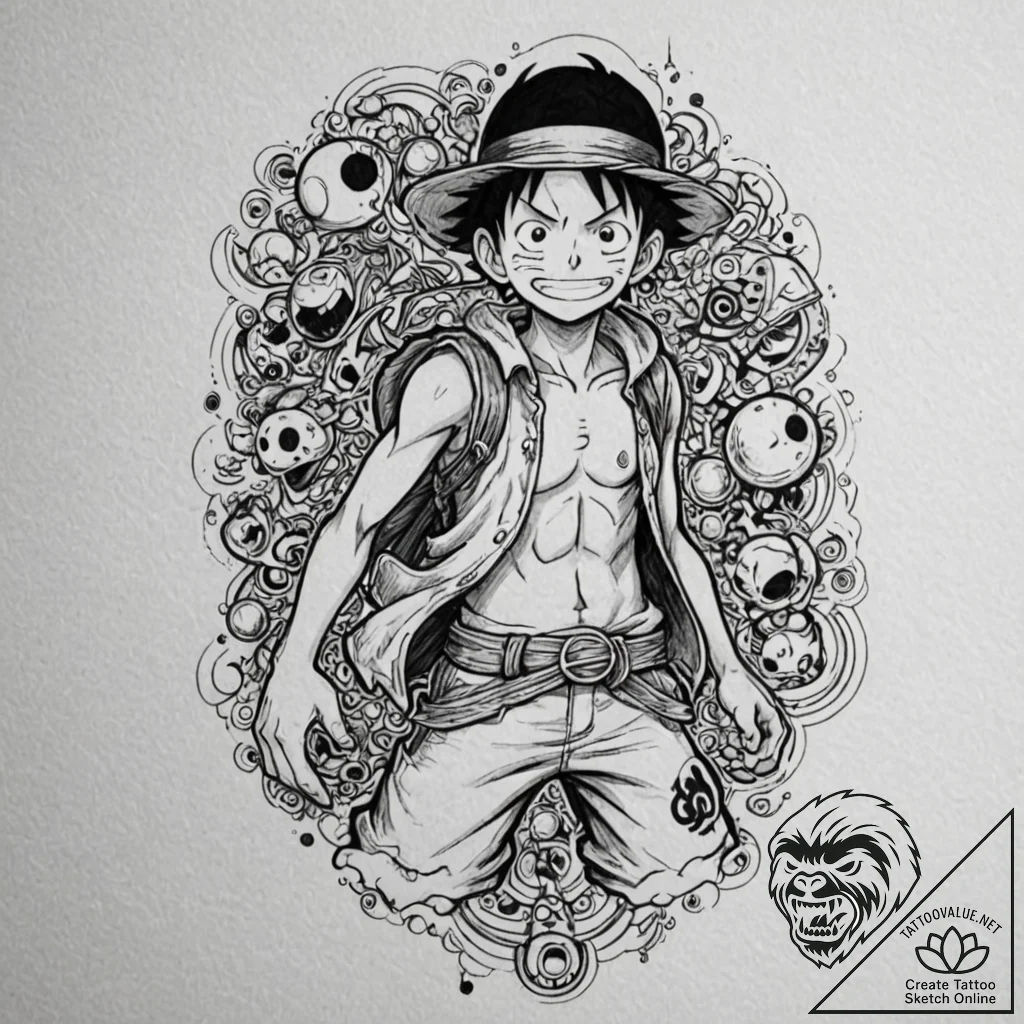 A trash polka composition of monkey d. luffy... - tattoo sketch (№1751166481_0, 29.06.2025 03:08) — tattoovalue.net