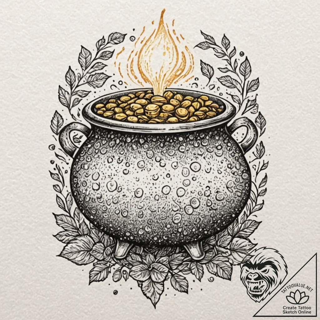 Leprechaun's pot of gold, ink illustration fo... - tattoo sketch (№1751167542_0, 29.06.2025 03:25) — tattoovalue.net