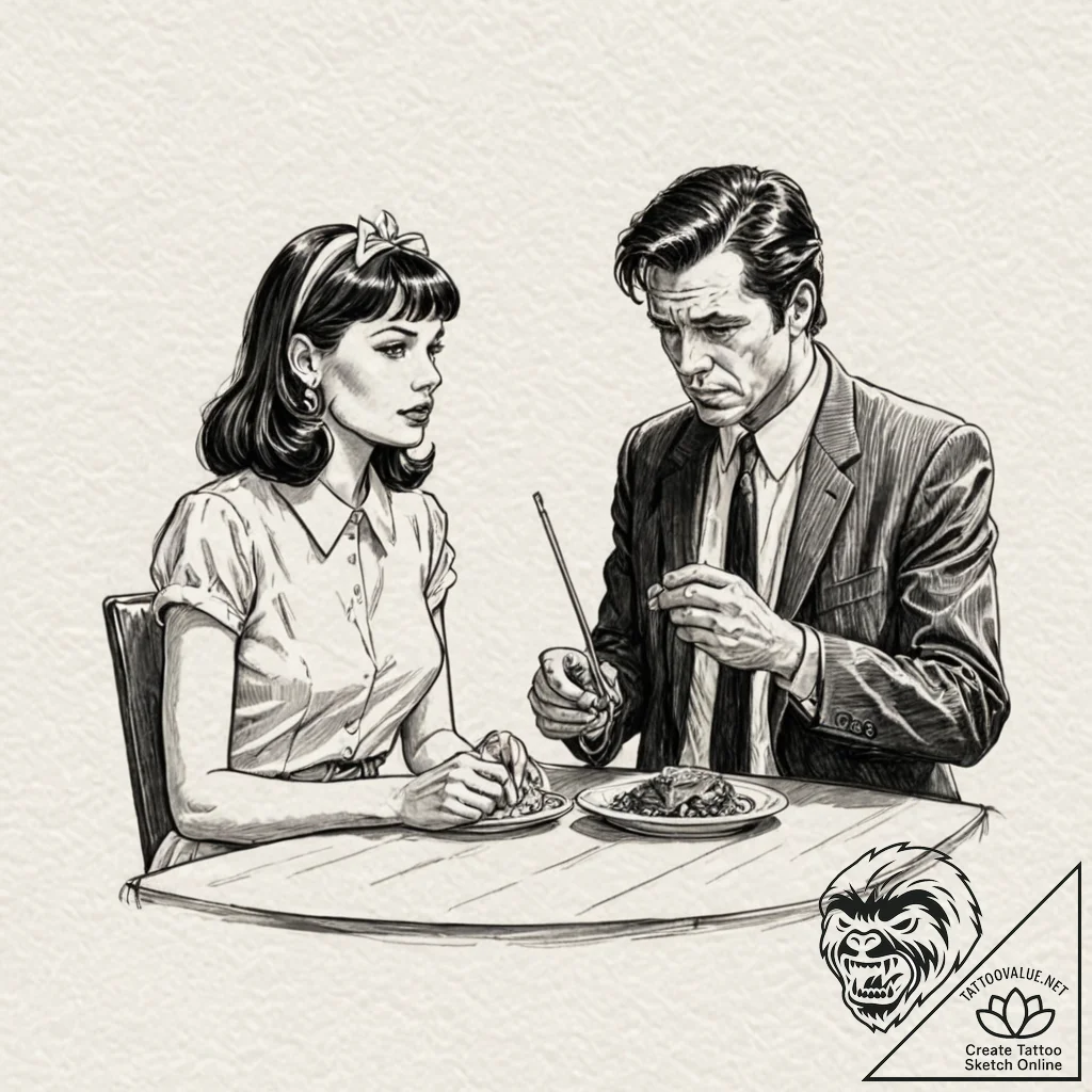 A sketch of the "i love you, honey bunny" sce... - tattoo sketch (№1751168910_0, 29.06.2025 03:48) — tattoovalue.net