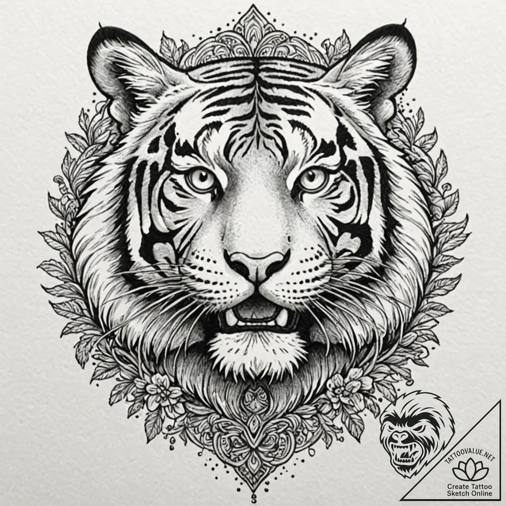 Tiger grin, tattoo line art, black outline on... - tattoo sketch (№1751169560_0, 29.06.2025 03:59) — tattoovalue.net