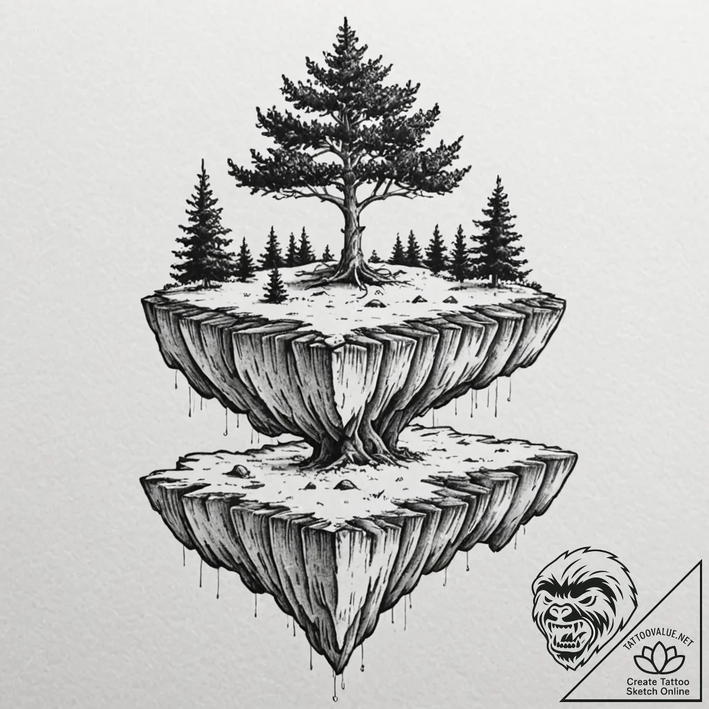 A floating island with a single tree, concept... - tattoo sketch (№1751169668_0, 29.06.2025 04:01) — tattoovalue.net