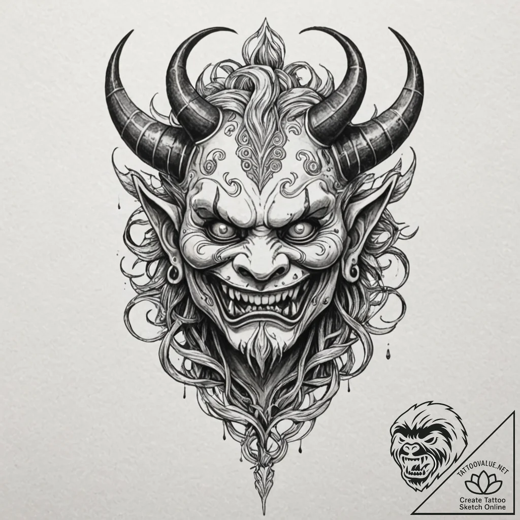 Oni mask, ink illustration for tattoo, no bac... - tattoo sketch (№1751169883_0, 29.06.2025 04:04) — tattoovalue.net