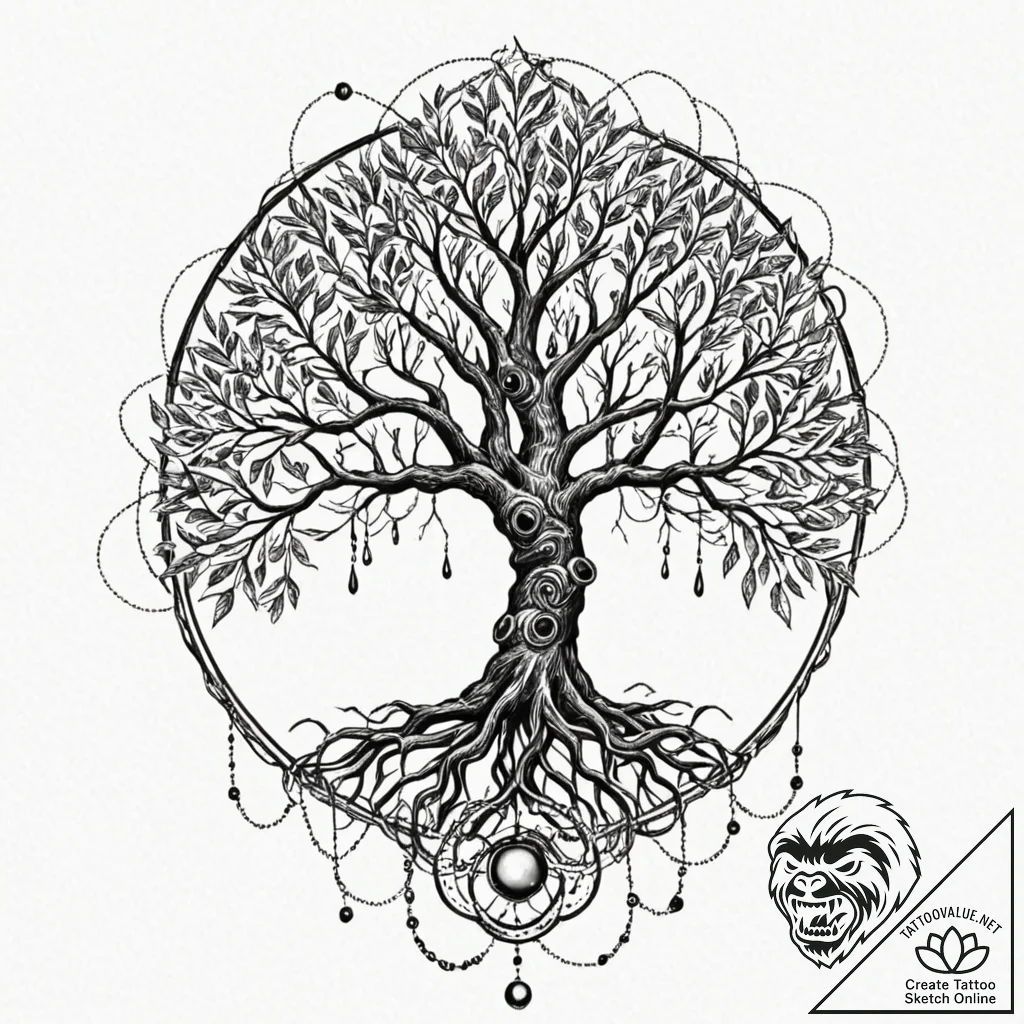 A linework tattoo of the world tree, yggdrasi... - tattoo sketch (№1751170324_0, 29.06.2025 04:12) — tattoovalue.net