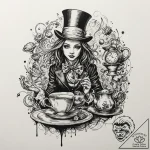 The mad hatter’s tea party, tattoo flash shee… – tattoo sketch (№1751170780_0, 29.06.2025 04:19) — tattoovalue.net