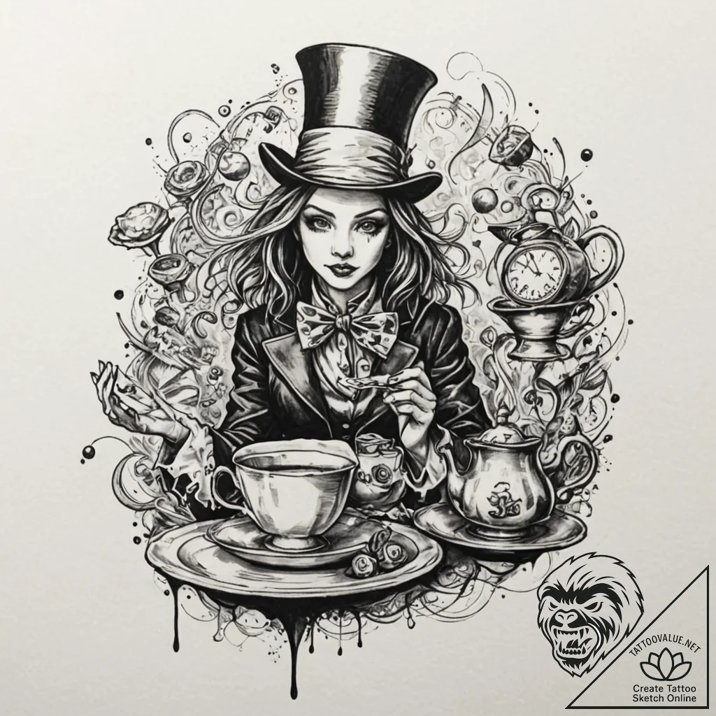 The mad hatter's tea party, tattoo flash shee... - tattoo sketch (№1751170780_0, 29.06.2025 04:19) — tattoovalue.net