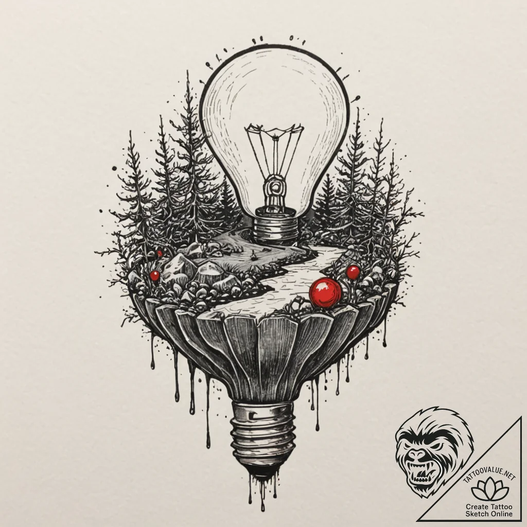 A lightbulb containing a tiny ecosystem, conc... - tattoo sketch (№1751171004_0, 29.06.2025 04:23) — tattoovalue.net