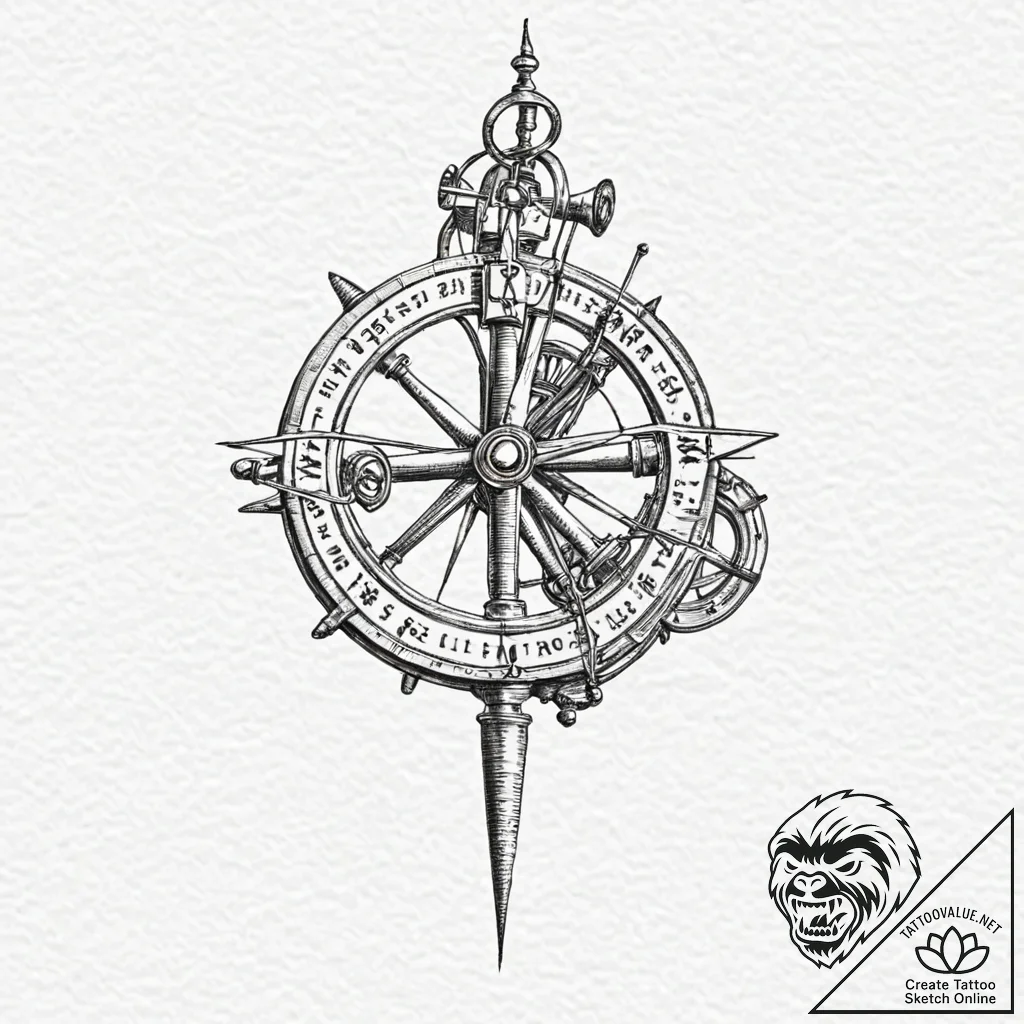 Sextant, ink illustration for tattoo, fine li... - tattoo sketch (№1751172386_0, 29.06.2025 04:46) — tattoovalue.net