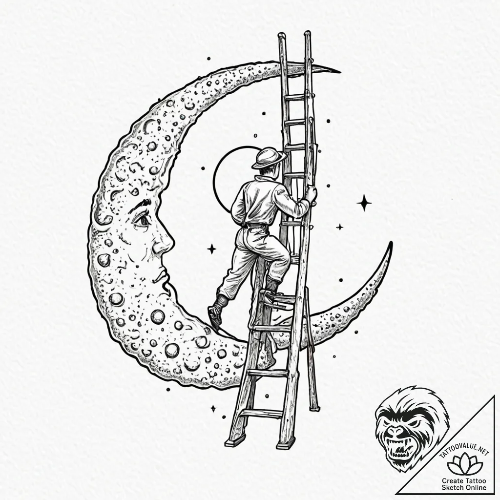 Ladder leaning on the moon, tattoo line art,... - tattoo sketch (№1751176753_0, 29.06.2025 05:59) — tattoovalue.net