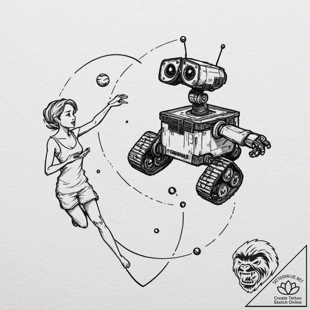 A linework tattoo of wall-e and eve dancing i... - tattoo sketch (№1751177640_0, 29.06.2025 06:14) — tattoovalue.net