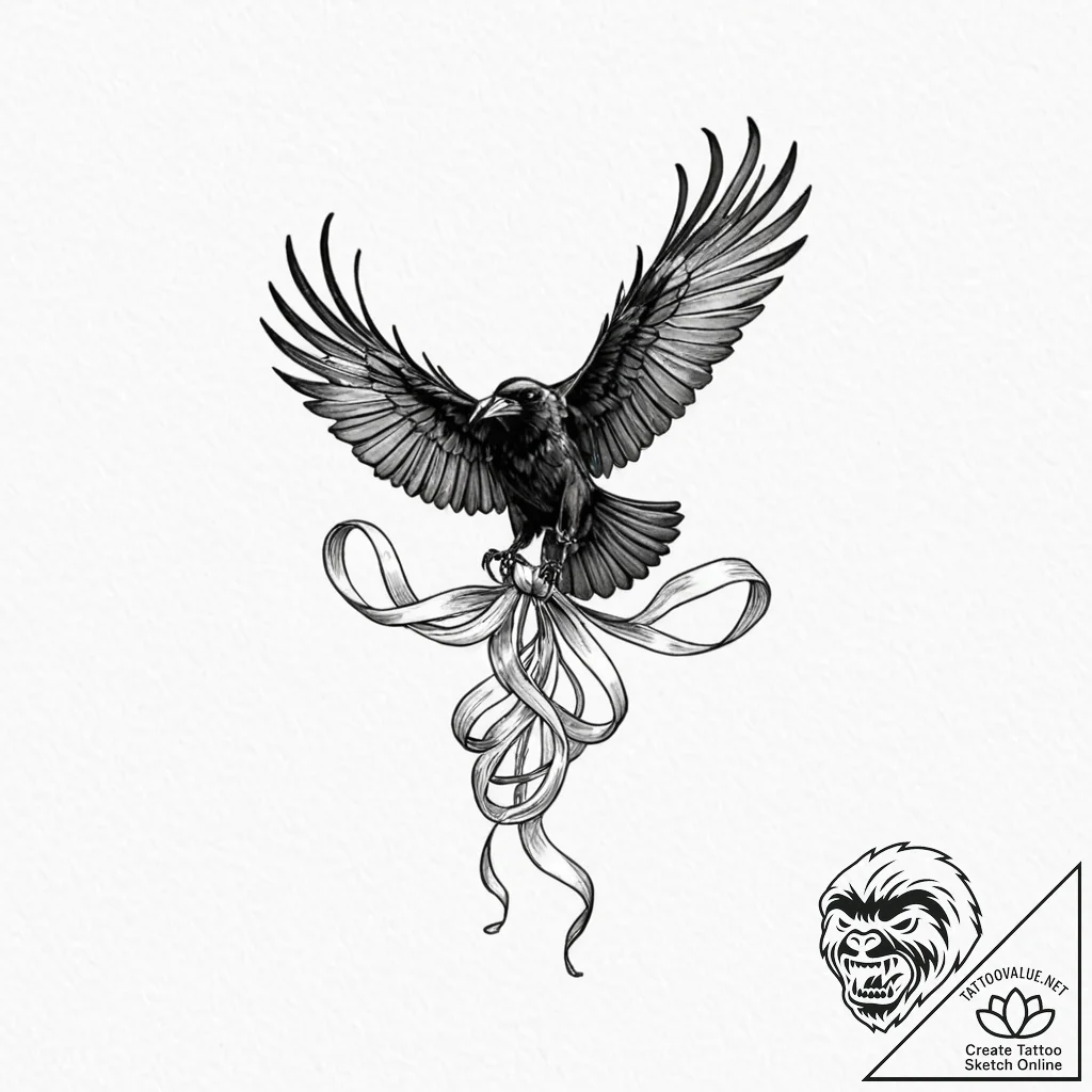 A raven unravelling into a ribbon of ink, tat... - tattoo sketch (№1751177750_0, 29.06.2025 06:15) — tattoovalue.net