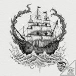 Pirate ship fighting a kraken, tattoo sketch… – tattoo sketch (№1751180163_0, 29.06.2025 06:56) — tattoovalue.net
