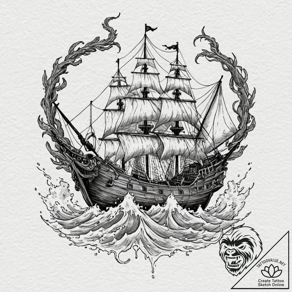 Pirate ship fighting a kraken, tattoo sketch... - tattoo sketch (№1751180163_0, 29.06.2025 06:56) — tattoovalue.net