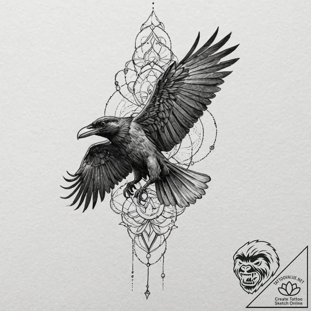 Black raven, tattoo drawing outline, dotwork... - tattoo sketch (№1751180381_0, 29.06.2025 06:59) — tattoovalue.net