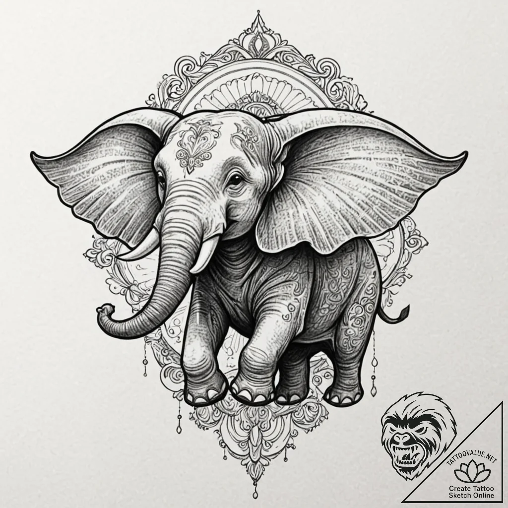 A linework tattoo of dumbo, the elephant, fly... - tattoo sketch (№1751182511_0, 29.06.2025 07:35) — tattoovalue.net