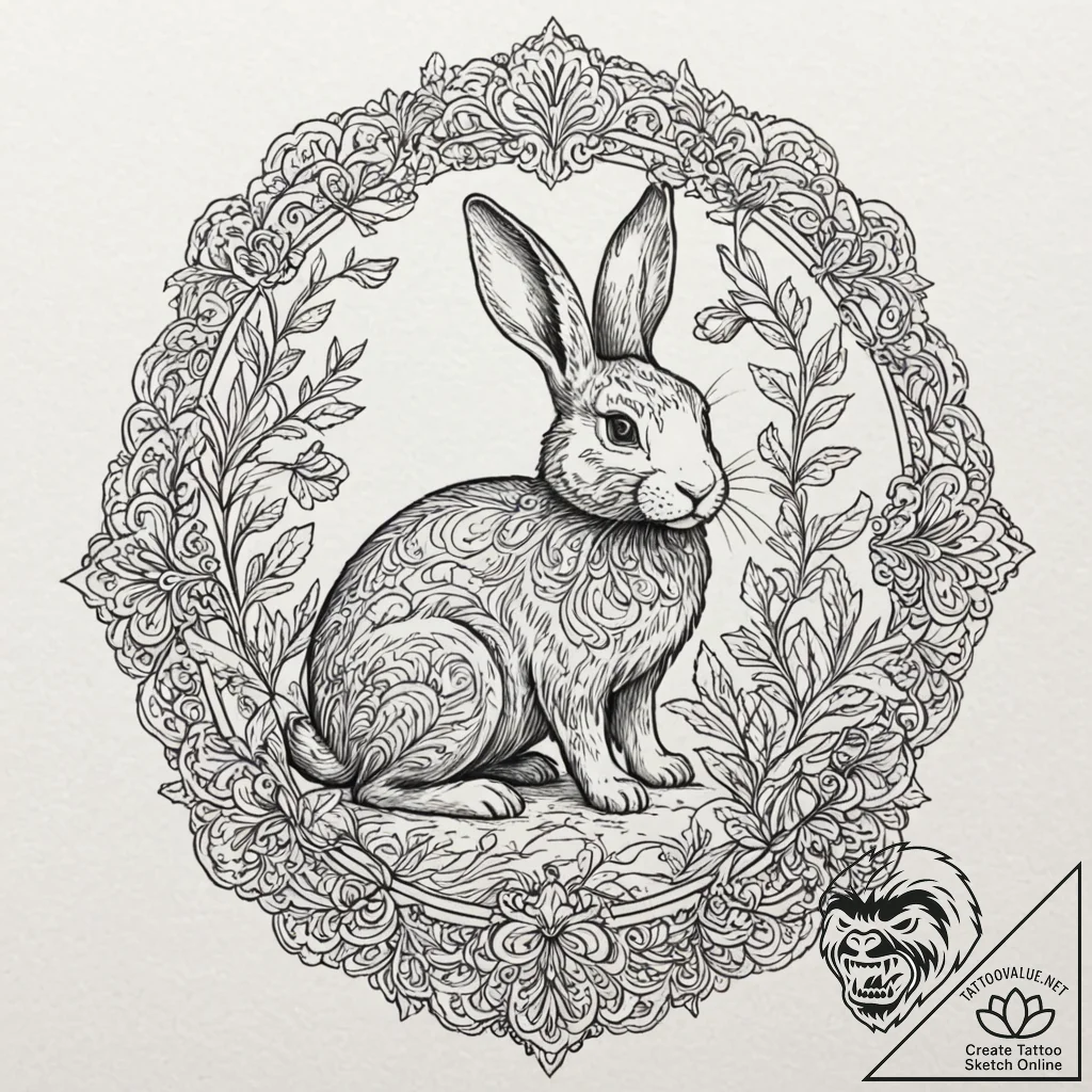 Linework tattoo design of the white rabbit, m... - tattoo sketch (№1751182812_0, 29.06.2025 07:40) — tattoovalue.net