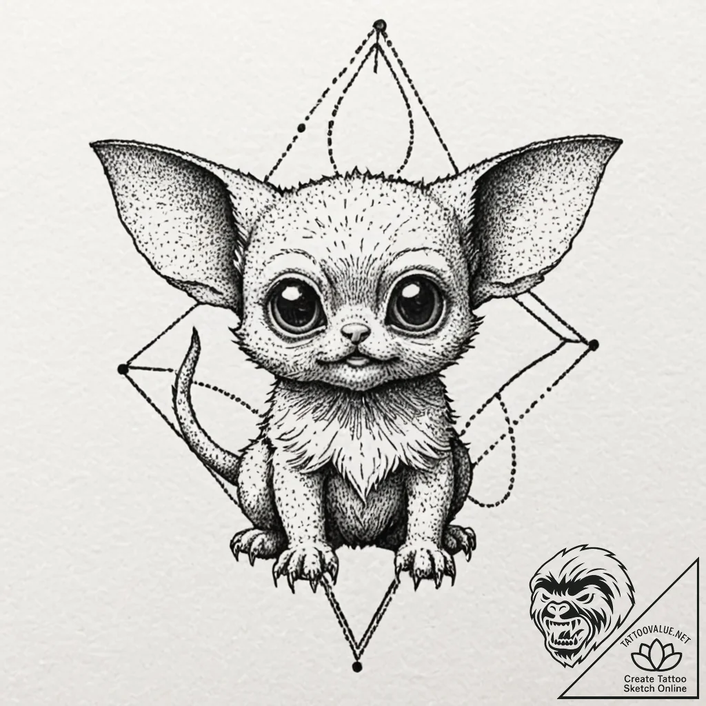 A neo-traditional tattoo of gizmo the mogwai,... - tattoo sketch (№1751183373_0, 29.06.2025 07:49) — tattoovalue.net
