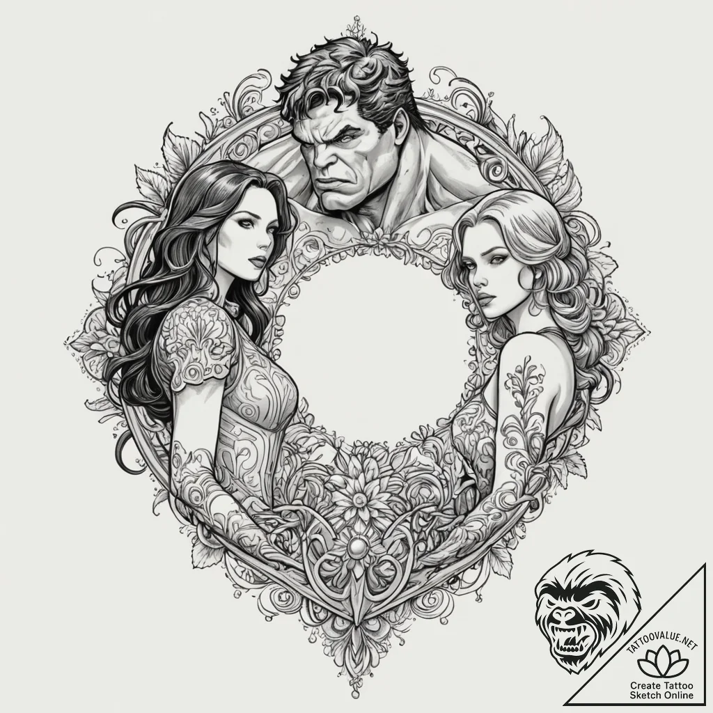 A sketch of the hulk and black widow, a quiet... - tattoo sketch (№1751184834_0, 29.06.2025 08:13) — tattoovalue.net