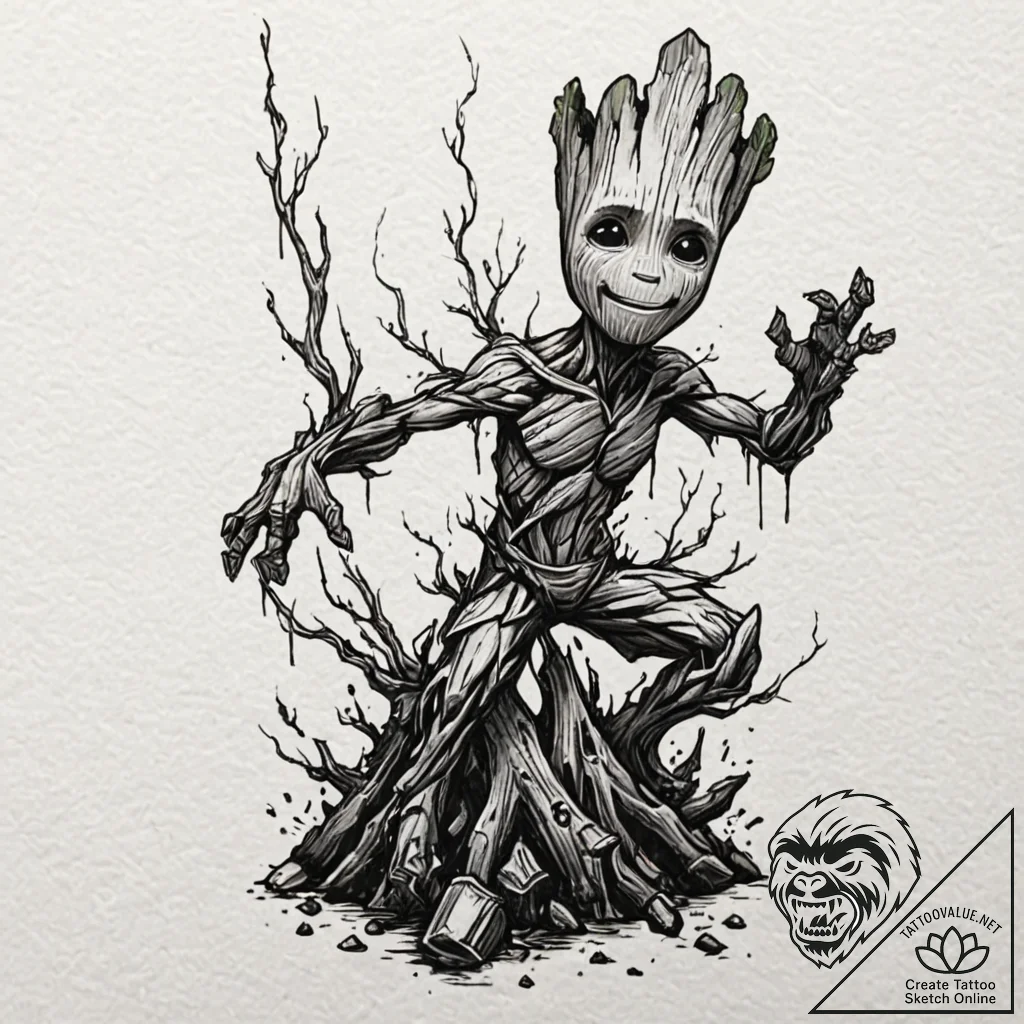 A sketch of groot sacrificing himself, "we ar... - tattoo sketch (№1751184958_0, 29.06.2025 08:15) — tattoovalue.net