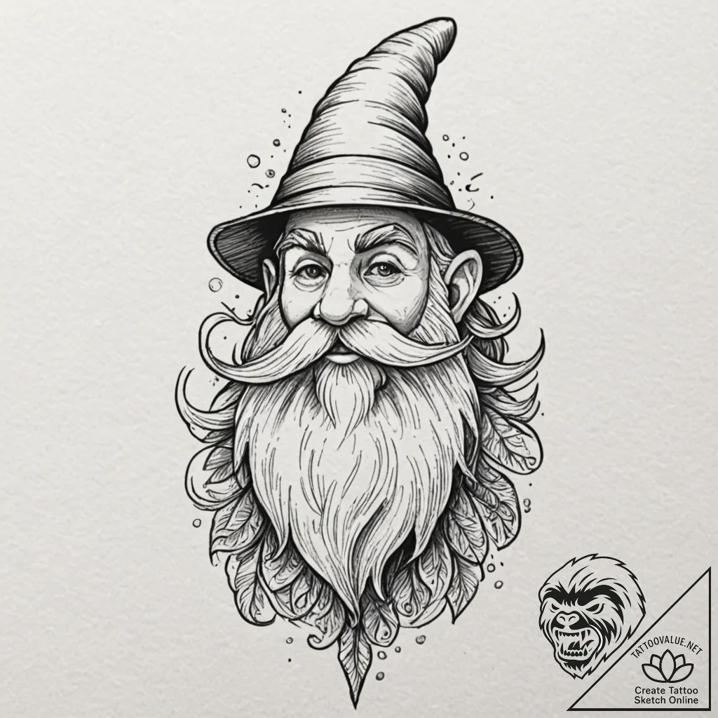 A neo-traditional tattoo of a gnome, with a l... - tattoo sketch (№1751187215_0, 29.06.2025 08:53) — tattoovalue.net