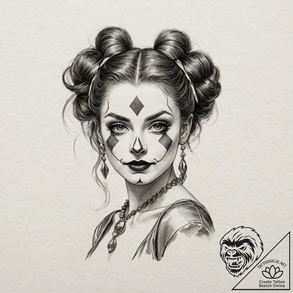 Harlequin, tattoo sketch design, fine lines,... - tattoo sketch (№1751188058_0, 29.06.2025 09:07) — tattoovalue.net