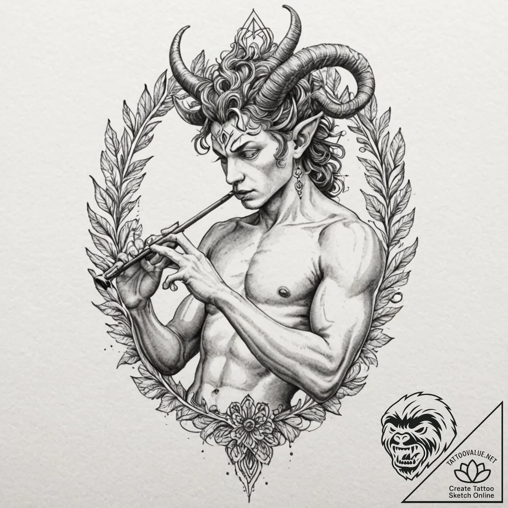A neo-traditional tattoo of a satyr playing t... - tattoo sketch (№1751188909_0, 29.06.2025 09:21) — tattoovalue.net