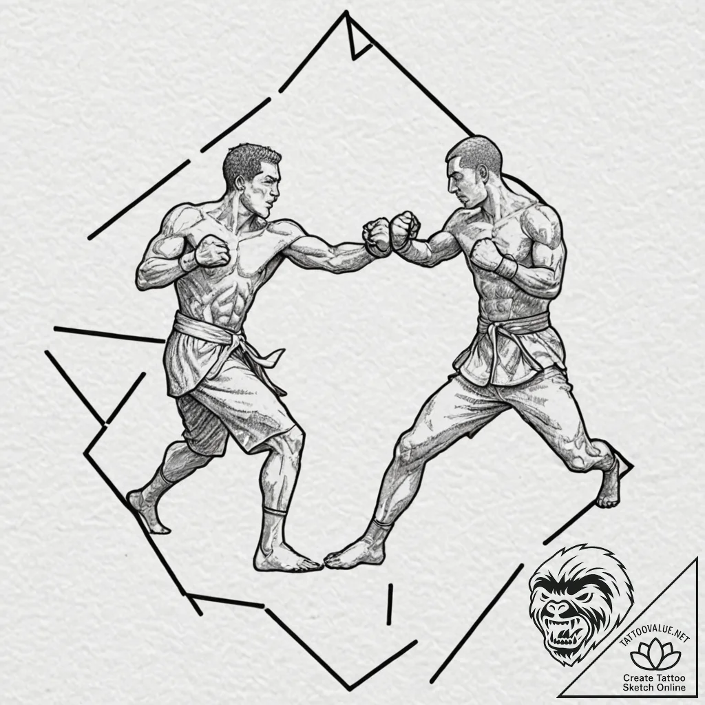 A linework tattoo of two figures sparring in... - tattoo sketch (№1751189228_0, 29.06.2025 09:27) — tattoovalue.net