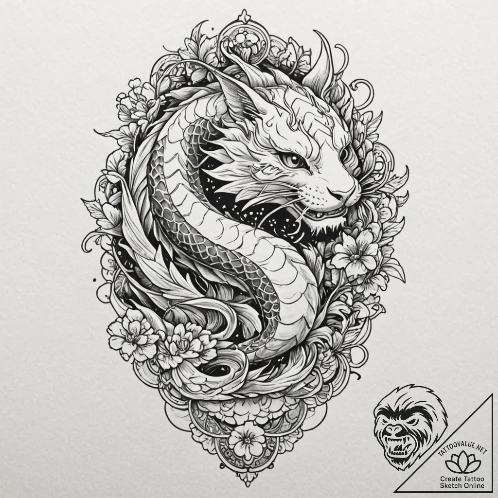 Cat, artistic tattoo sketch, irezumi japanese... - tattoo sketch (№1751189649_0, 29.06.2025 09:34) — tattoovalue.net
