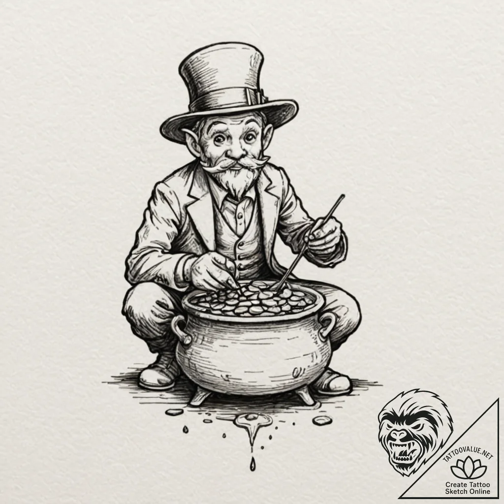 A sketch of a leprechaun with his pot of gold... - tattoo sketch (№1751195096_0, 29.06.2025 11:04) — tattoovalue.net