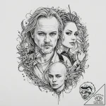 A trash polka portrait of the main characters… – tattoo sketch (№1751196389_0, 29.06.2025 11:26) — tattoovalue.net