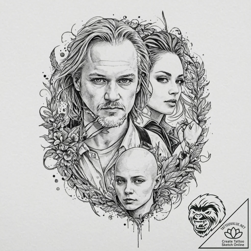 A trash polka portrait of the main characters... - tattoo sketch (№1751196389_0, 29.06.2025 11:26) — tattoovalue.net
