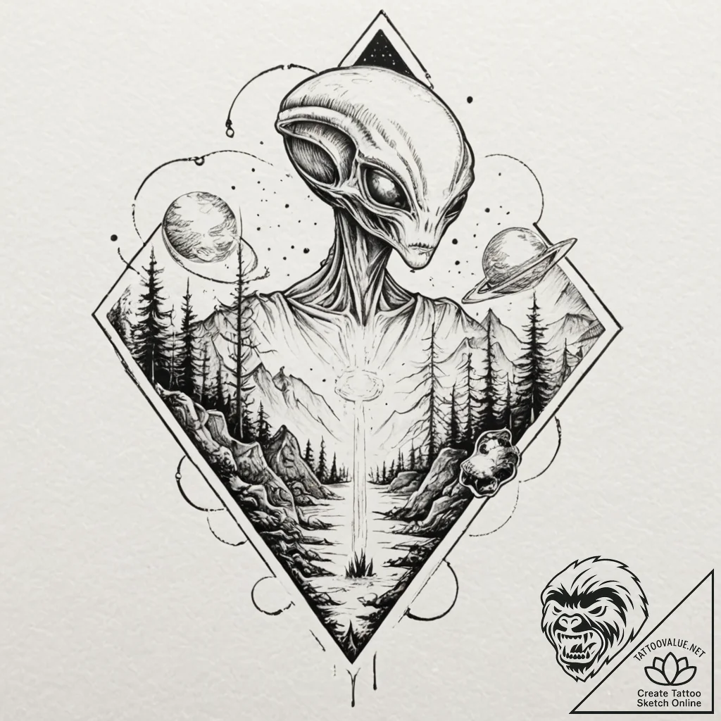 Alien landscape, concept art for tattoo, mode... - tattoo sketch (№1751197011_0, 29.06.2025 11:36) — tattoovalue.net