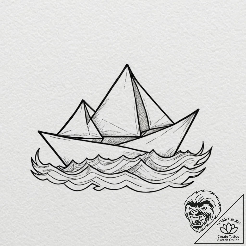 Origami boat on a wave, tattoo drawing outlin... - tattoo sketch (№1751197844_0, 29.06.2025 11:50) — tattoovalue.net