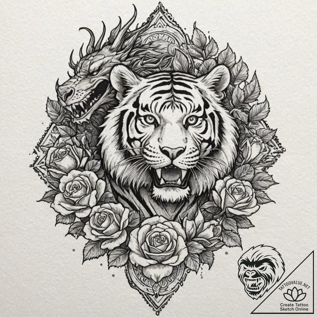 Tiger and dragon, tattoo drawing outline, min... - tattoo sketch (№1751200690_0, 29.06.2025 12:38) — tattoovalue.net