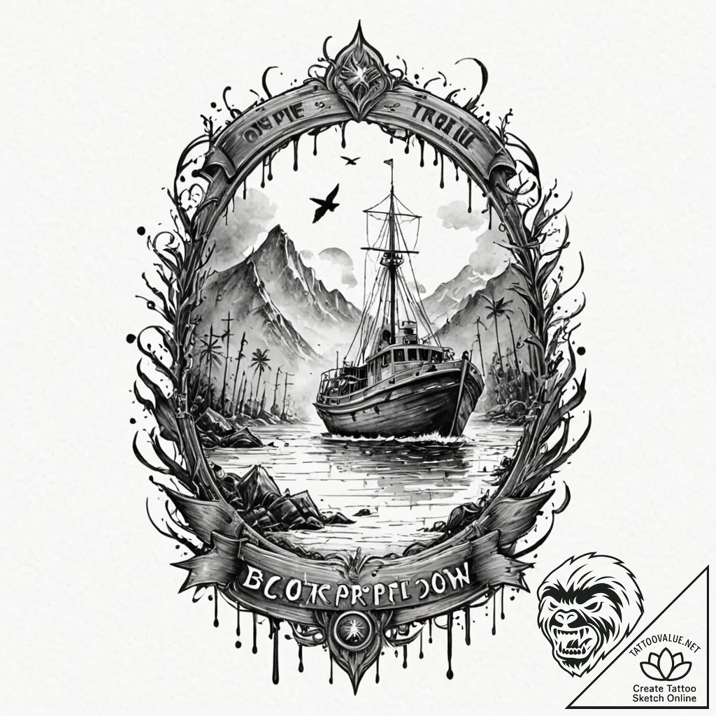 A trash polka tattoo of the "boat" scene from... - tattoo sketch (№1751200989_0, 29.06.2025 12:43) — tattoovalue.net