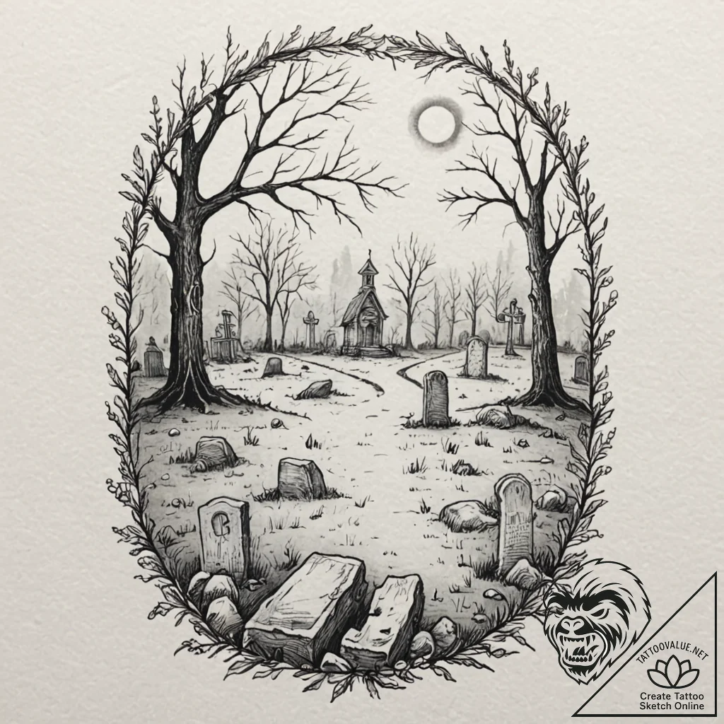 A watercolor sketch of a misty, spooky gravey... - tattoo sketch (№1751207987_0, 29.06.2025 14:39) — tattoovalue.net