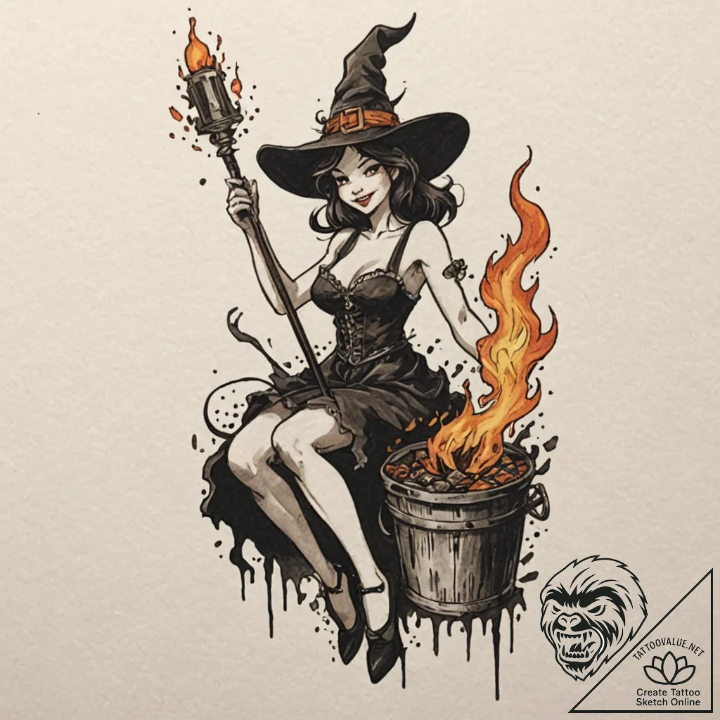 A trash polka tattoo of a beautiful witch bei... - tattoo sketch (№1751209457_0, 29.06.2025 15:04) — tattoovalue.net