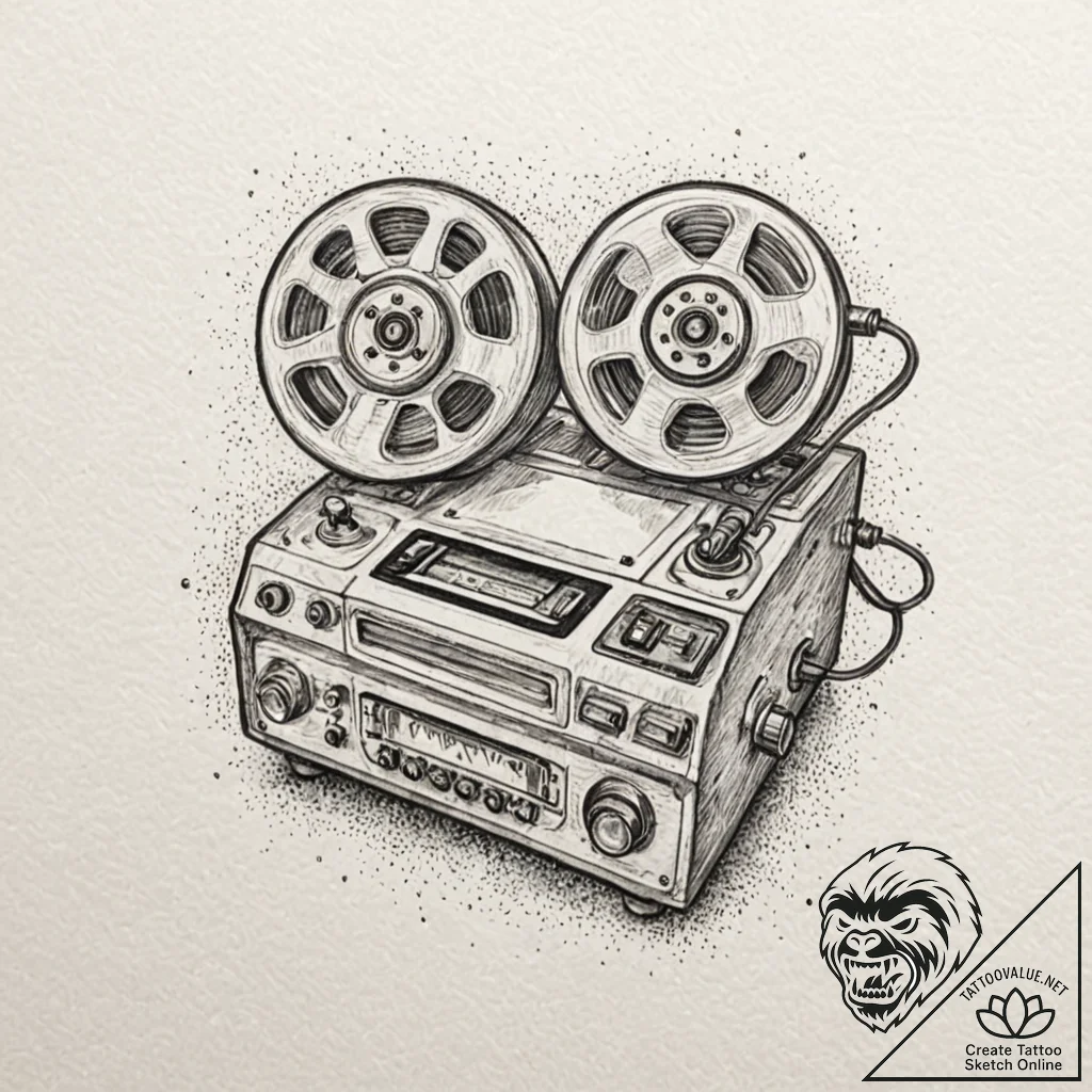 Reel-to-reel tape player, tattoo drawing outl... - tattoo sketch (№1751209805_0, 29.06.2025 15:10) — tattoovalue.net