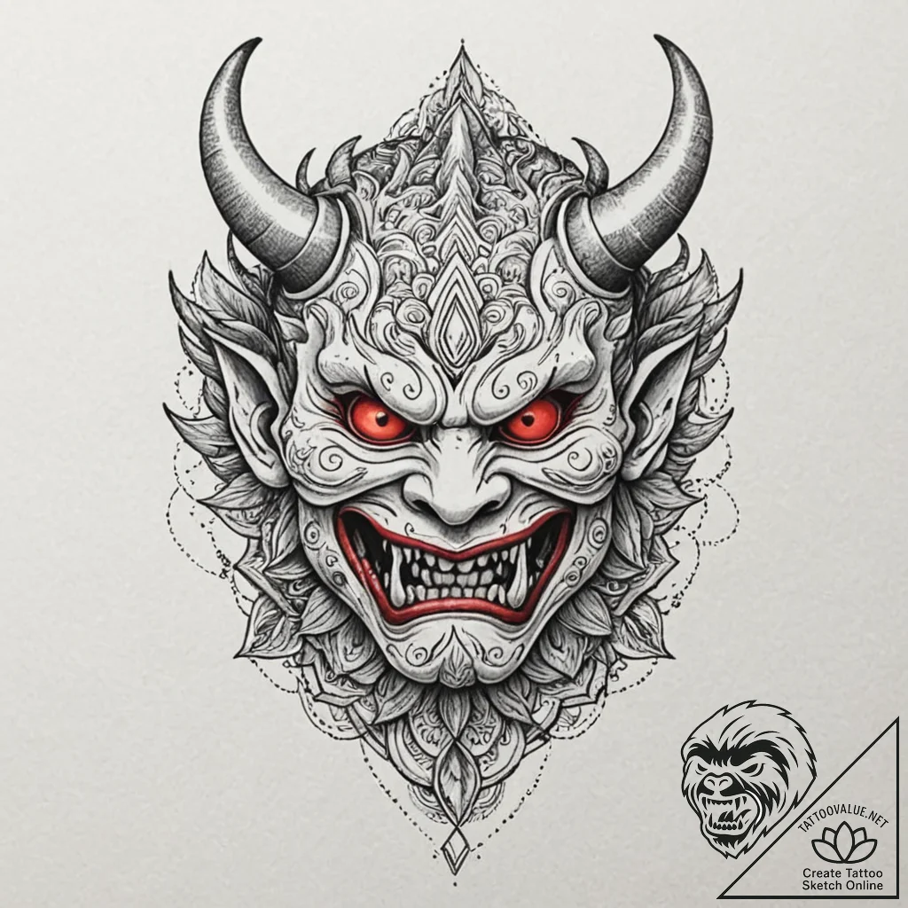 Oni mask, tattoo flash sheet design, clean li... - tattoo sketch (№1751215638_0, 29.06.2025 16:47) — tattoovalue.net